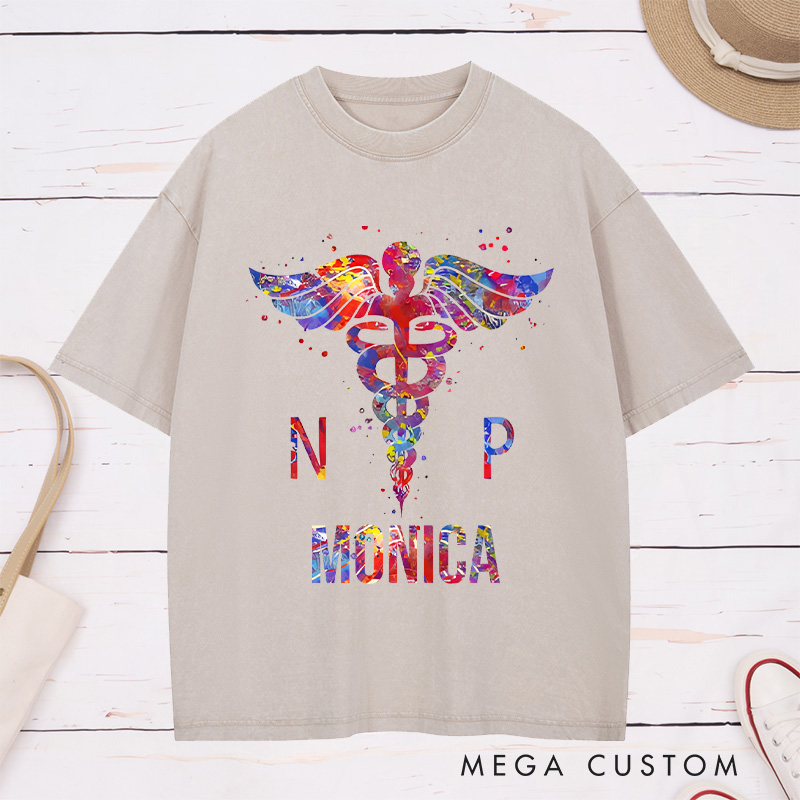 Personalized Nurse Washed T-Shirt Customized NP Colorful Caduceus Graphic Design Washed T-Shirt 