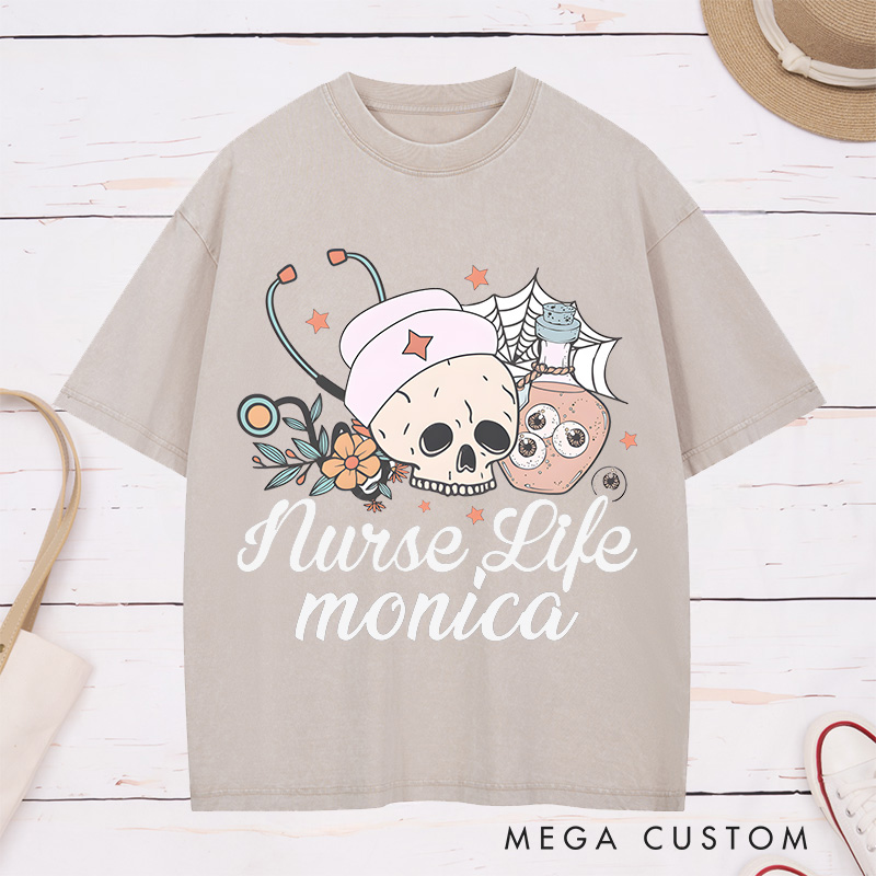 Personalized Nurse Washed T-Shirt Customized Nurse Life Design Washed T-Shirt 