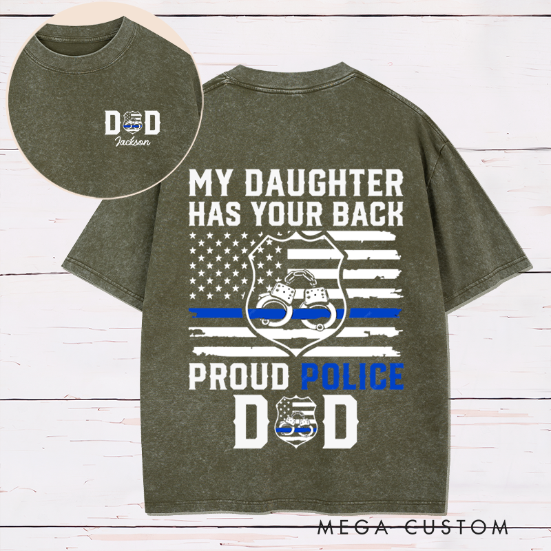 Personalized Proud Police Dad Washed T-Shirt Perfect Gift for Police Families