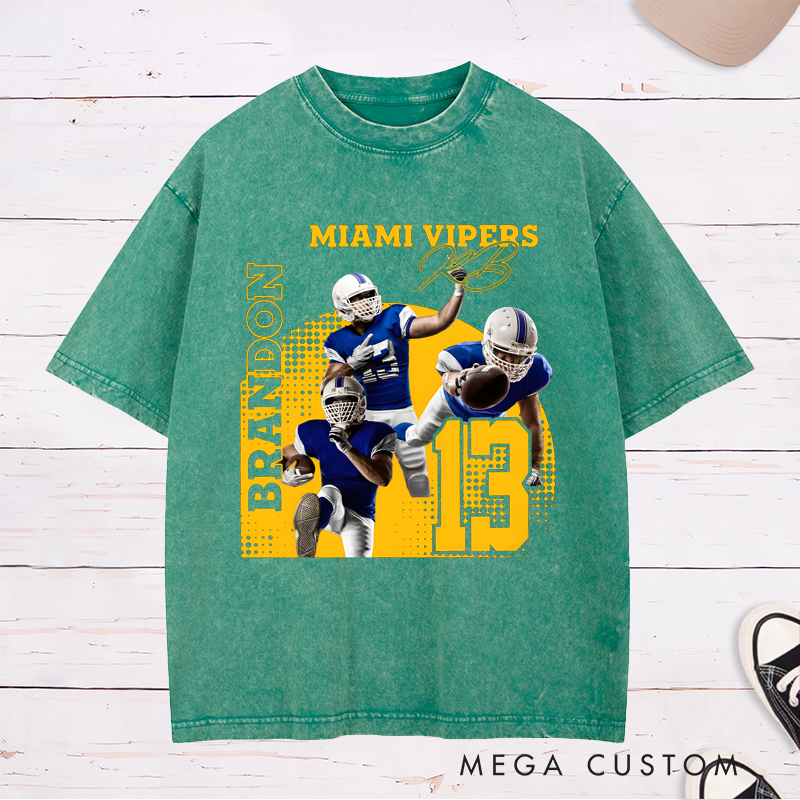 Personalized Washed American Football T-Shirt with Custom Photo, Name, Team Name, and Number Design
