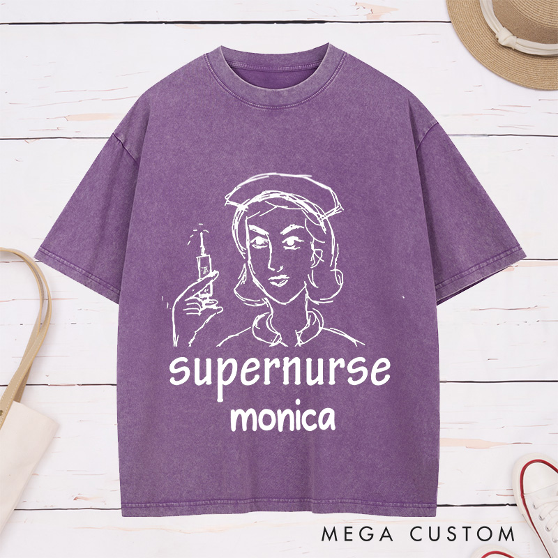 Personalized Nurse Washed T-Shirt Customized Supernurse Design Washed T-Shirt 