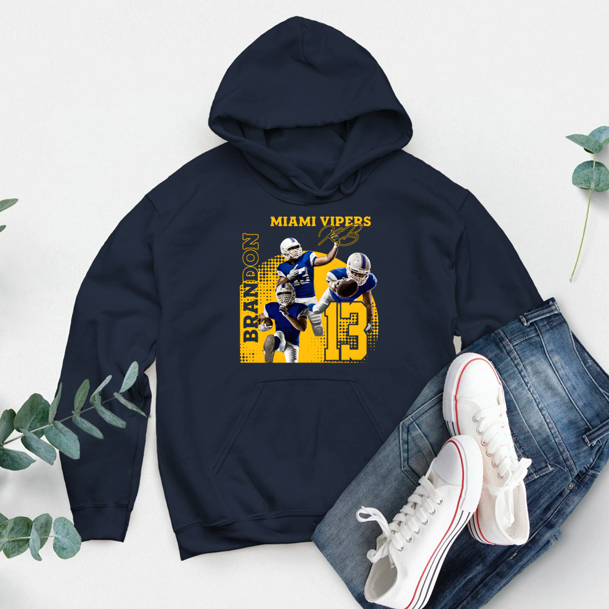 Personalized American Football Hoodie with Custom Photo, Name, Team Name, and Number Design