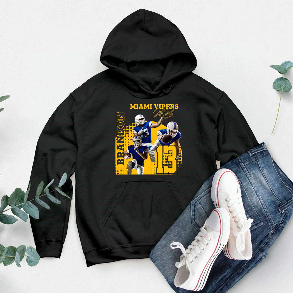 Personalized American Football Hoodie with Custom Photo, Name, Team Name, and Number Design