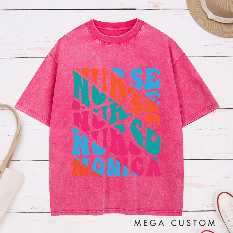Personalized Nurse Washed T-Shirt Customized Bold Nurse Nurse Design Washed T-Shirt 