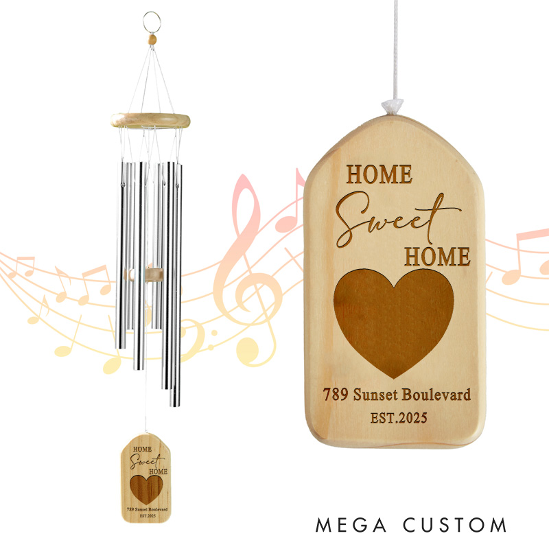 Personalized Home Sweet Home Wind Chime 2025 Heart Design Custom Engraved Housewarming Gift Outdoor Garden Decoration for New Homeowners Keepsake