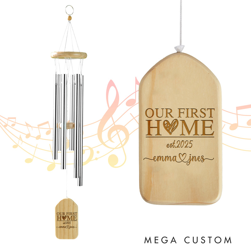 Personalized Our First Home Wind Chime 2025 Heart and Text Design Custom Engraved Housewarming Gift Outdoor Garden Decoration for New Homeowners Keepsake