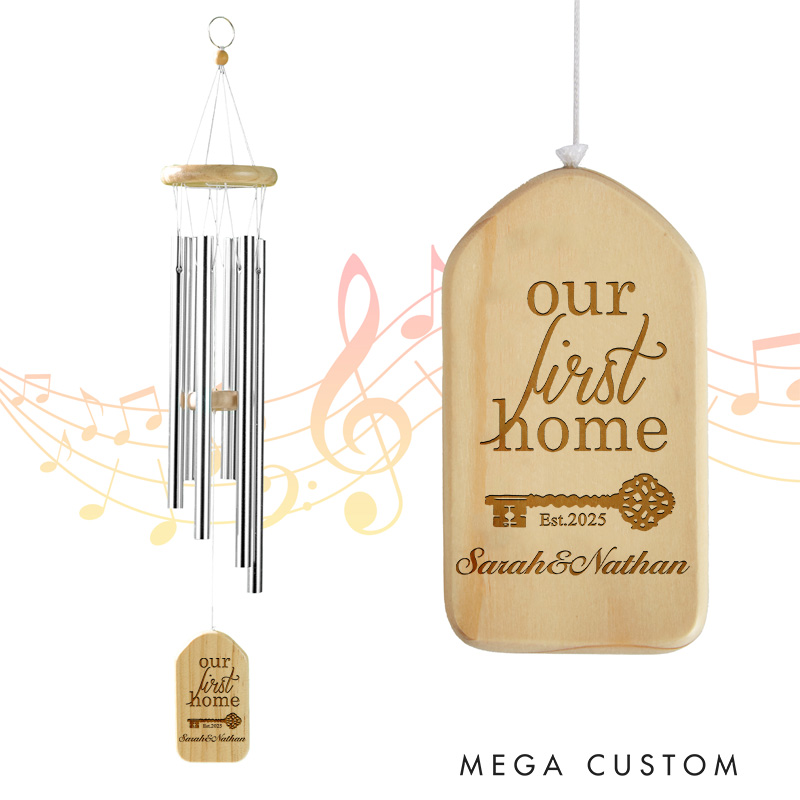 Personalized Our First Home Wind Chime 2025 Key Design Custom Engraved Housewarming Gift Outdoor Garden Decoration for New Homeowners Keepsake