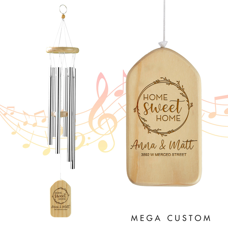 Personalized Home Sweet Home Wind Chime 2025 Wreath and Text Design Custom Engraved Housewarming Gift Outdoor Garden Decoration for New Homeowners Keepsake