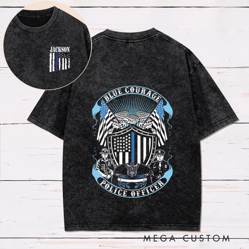 Personalized Blue Courage Police Officer Washed T-Shirt with American Flag and Law Enforcement Gift for Police