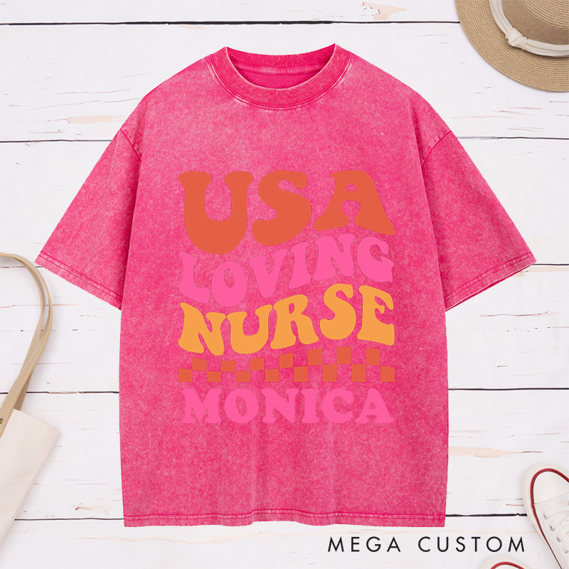 Personalized Nurse Washed T-Shirt Customized USA Loving Nurse Design Washed T-Shirt 