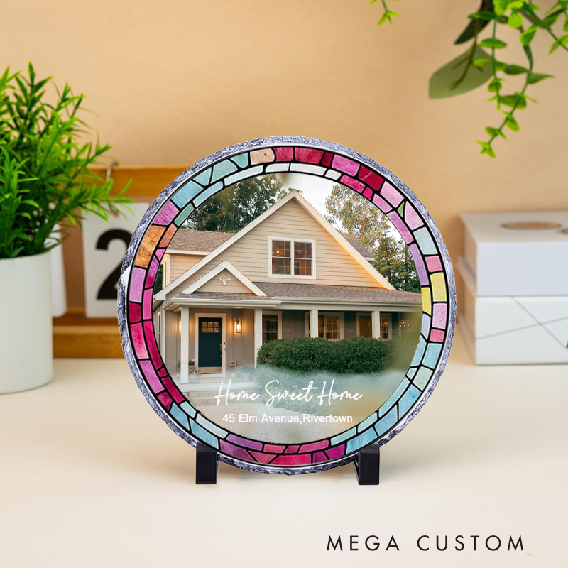 Personalized Home Sweet Home Decorative Plaque Custom House Photo and Stained Glass Design Tabletop Display Perfect for New Homeowners Housewarming Gift Keepsake