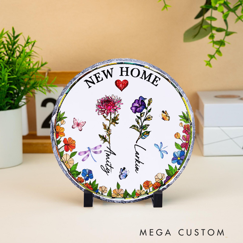 Personalized New Home Decorative Plaque Custom Floral Design with Family Names Tabletop Display Perfect for New Homeowners Housewarming Gift Keepsake Ornament