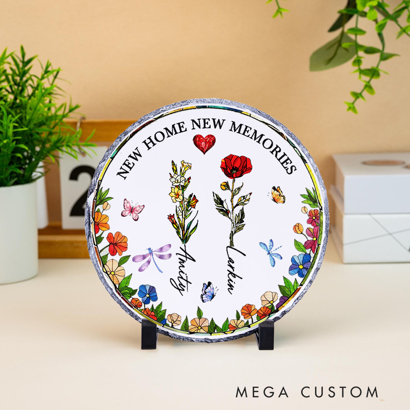 Personalized New Home New Memories Decorative Plaque Custom Floral Design with Family Names Tabletop Display Perfect for New Homeowners Housewarming Gift Keepsake