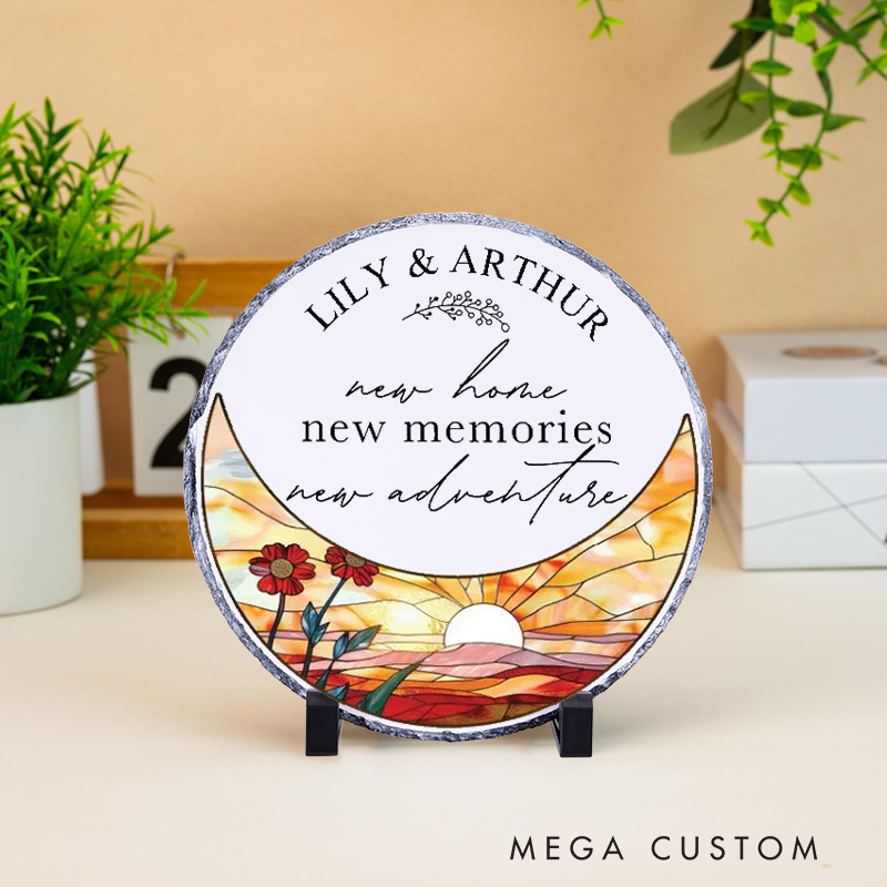 Personalized New Home New Memories New Adventure Decorative Plaque Custom Sunset Design with Family Names Tabletop Display Perfect for Housewarming Gift Keepsake