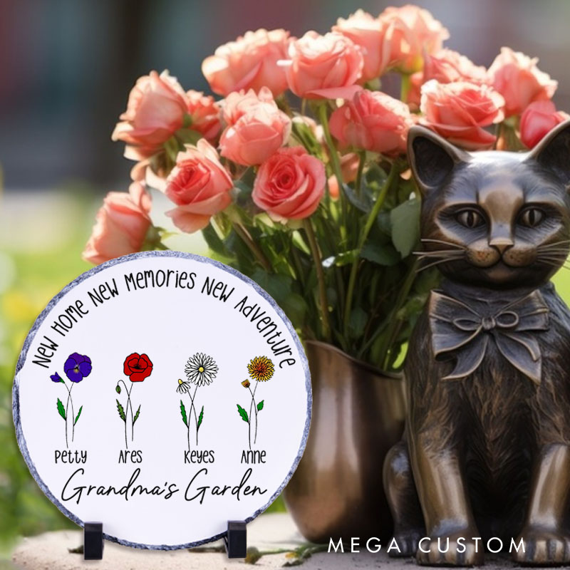 Personalized New Home New Memories New Adventure Decorative Plaque Custom Floral Design with Family Names Tabletop Display Perfect for Grandma Housewarming Gift Keepsake