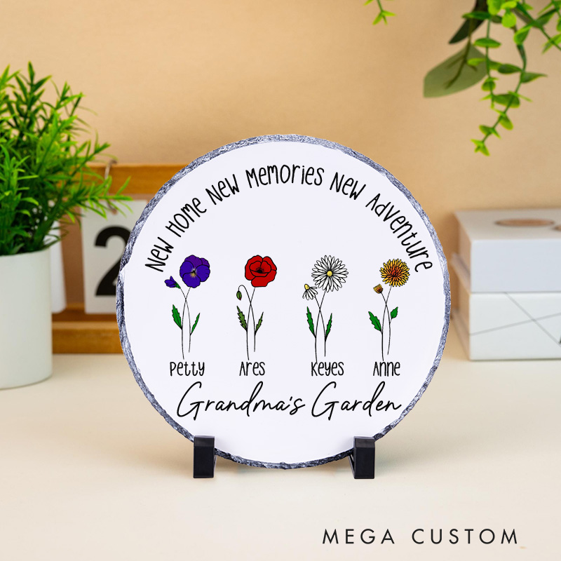 Personalized New Home New Memories New Adventure Decorative Plaque Custom Floral Design with Family Names Tabletop Display Perfect for Grandma Housewarming Gift Keepsake