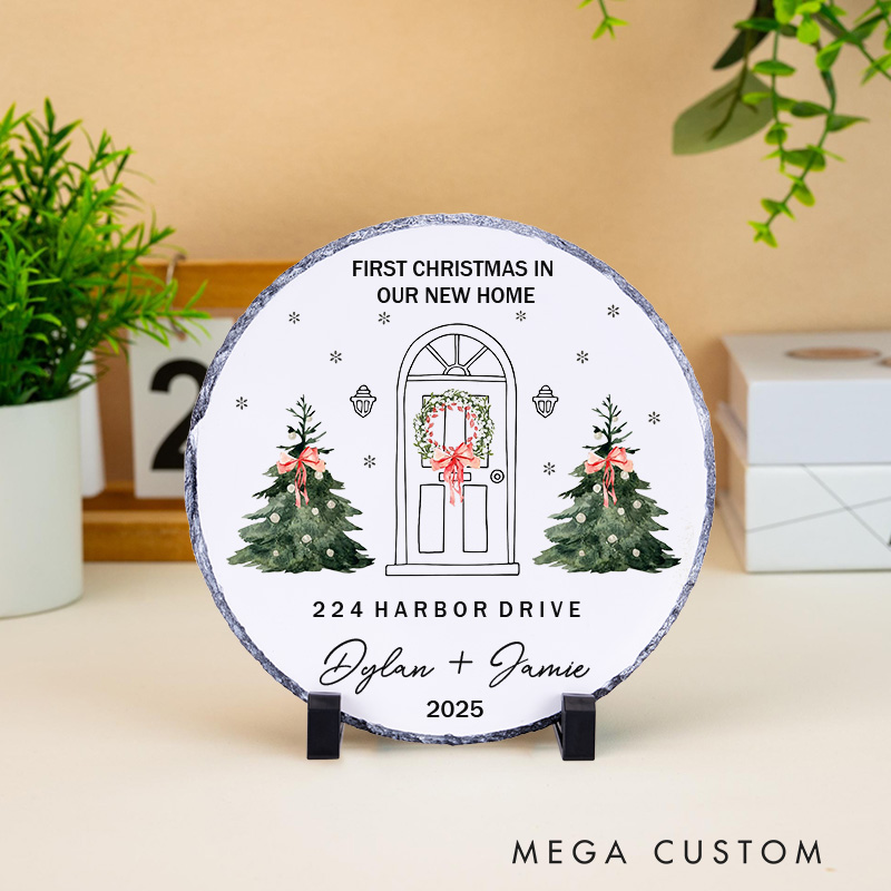Personalized First Christmas in Our New Home Decorative Plaque Custom Festive Design with Address and Names Tabletop Display Perfect for Housewarming Gift Keepsake