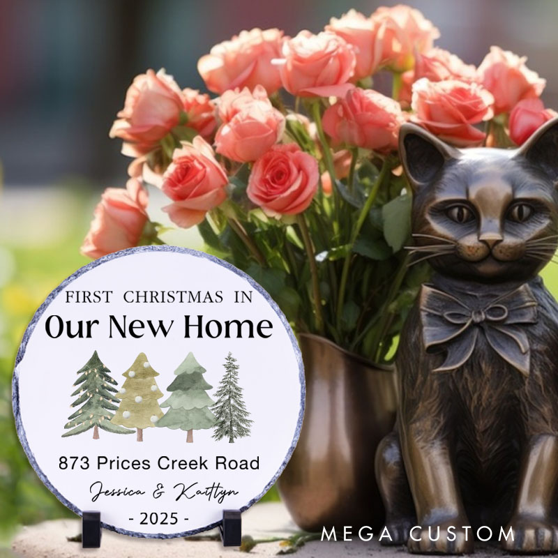 Personalized First Christmas in Our New Home Decorative Plaque Custom Tree Design with Address and Names Tabletop Display Perfect for Housewarming Gift Keepsake