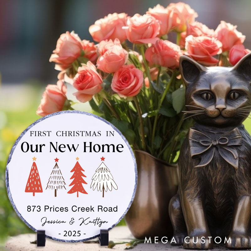 Personalized First Christmas in Our New Home Decorative Plaque Custom Festive Tree Design with Address and Names Tabletop Display Perfect for Housewarming Gift Keepsake