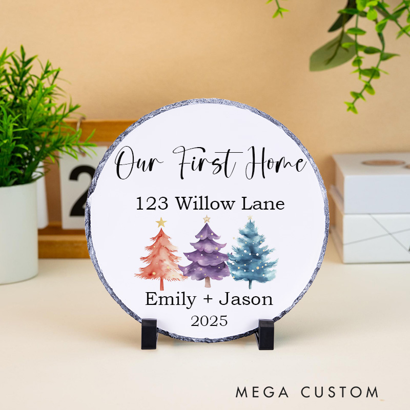 Personalized Our First Home Decorative Plaque Custom Festive Tree Design with Address and Names Tabletop Display Perfect for New Homeowners Housewarming Gift Keepsake