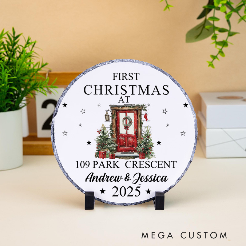 Personalized First Christmas at Our New Home Decorative Plaque Custom Festive Door Design with Address and Names Tabletop Display Perfect for Housewarming Gift Keepsake