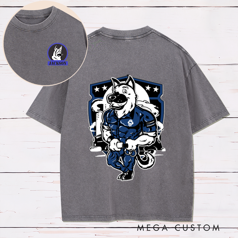 Personalized Police K9 Washed T-Shirt with Cartoon Dog and Law Enforcement Design Gift for Police