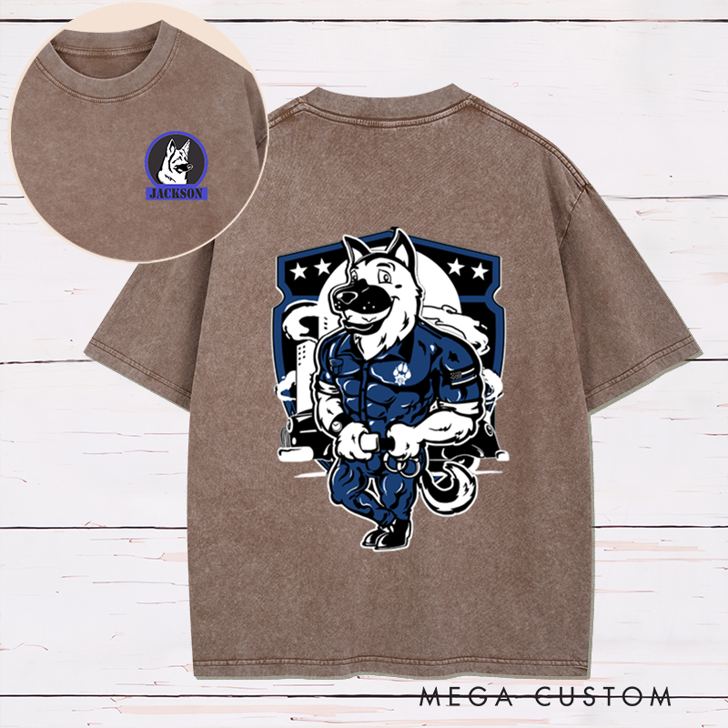 Personalized Police K9 Washed T-Shirt with Cartoon Dog and Law Enforcement Design Gift for Police