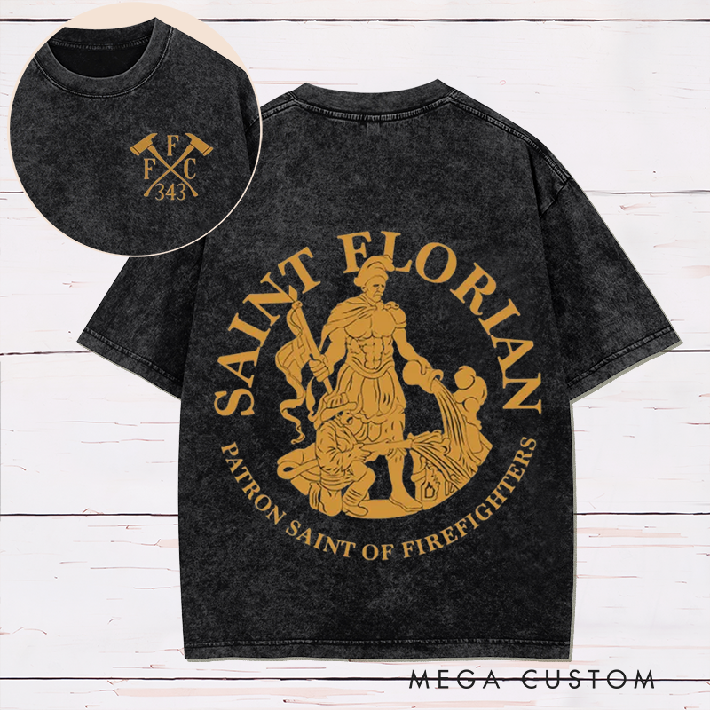 Personalized Firefighter Washed T-Shirt Saint Florian Patron Saint of Firefighters Design Thoughtful Gift for Firefighters