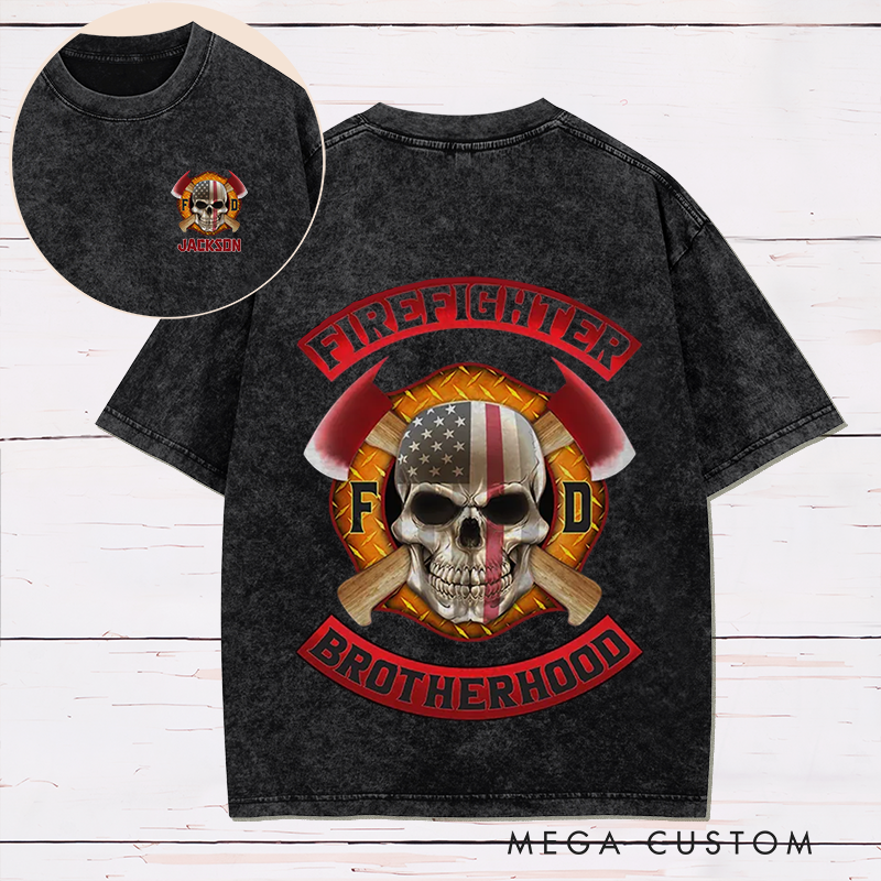 Personalized Firefighter Washed T-Shirt Firefighter Brotherhood Skull and Axes Design Unique Gift for Firefighters