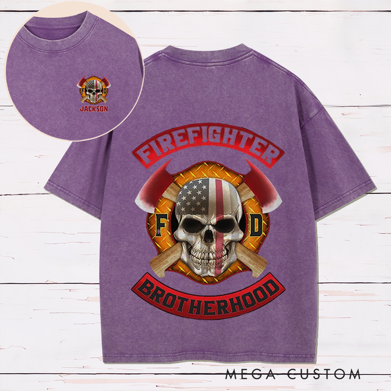 Personalized Firefighter Washed T-Shirt Firefighter Brotherhood Skull and Axes Design Unique Gift for Firefighters