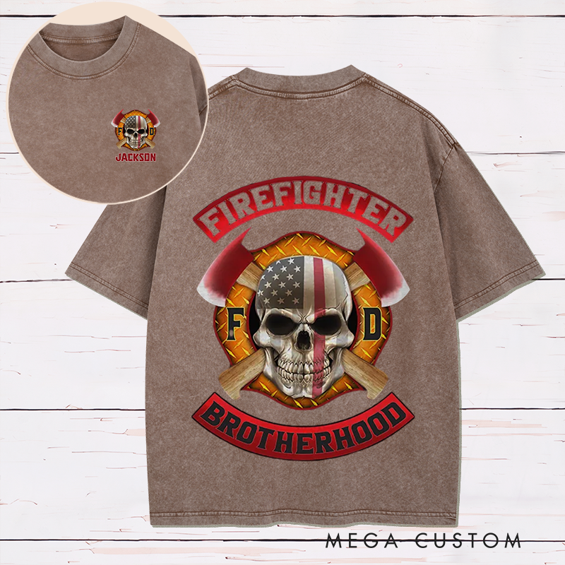 Personalized Firefighter Washed T-Shirt Firefighter Brotherhood Skull and Axes Design Unique Gift for Firefighters