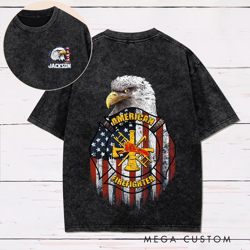 Personalized Firefighter Washed T-Shirt American Firefighter Bald Eagle and Flag Patriotic Design Unique Gift for Firefighters