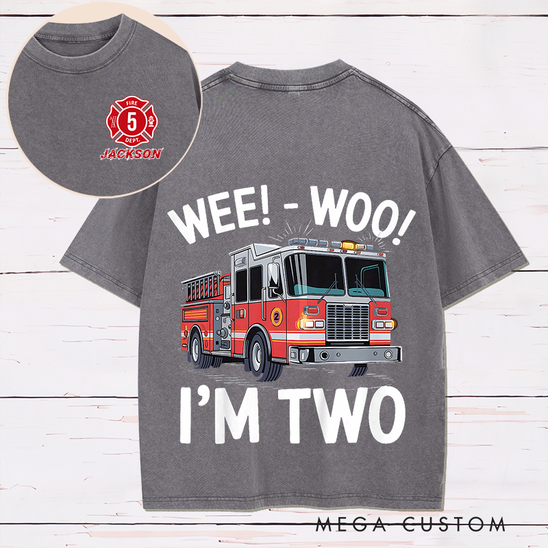 Personalized Firefighter Washed T-Shirt Fire Truck Wee-Woo I'm Two Gift for Firefighter