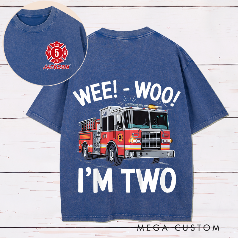 Personalized Firefighter Washed T-Shirt Fire Truck Wee-Woo I'm Two Gift for Firefighter