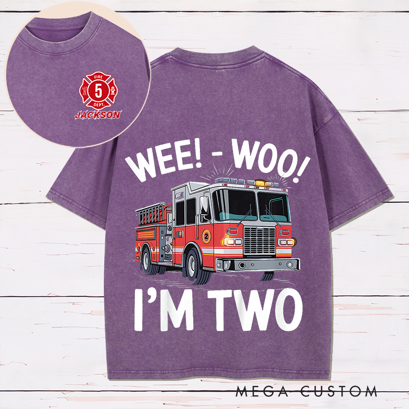 Personalized Firefighter Washed T-Shirt Fire Truck Wee-Woo I'm Two Gift for Firefighter