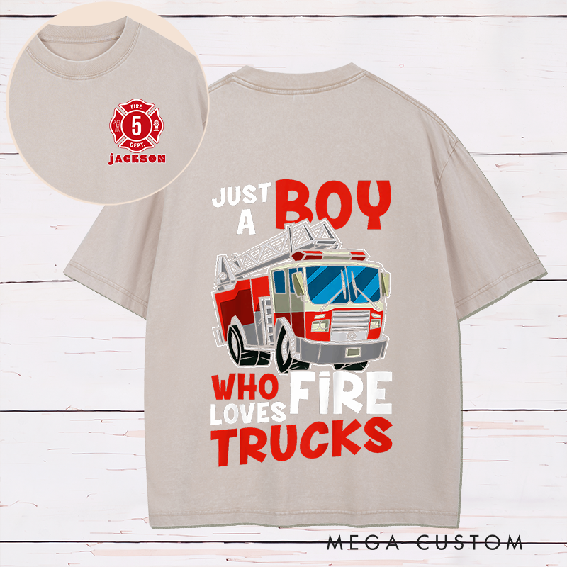 Personalized Firefighter Washed T-Shirt Fire Truck Design Just a Boy Who Loves Fire Trucks Gift for Firefighter Kids