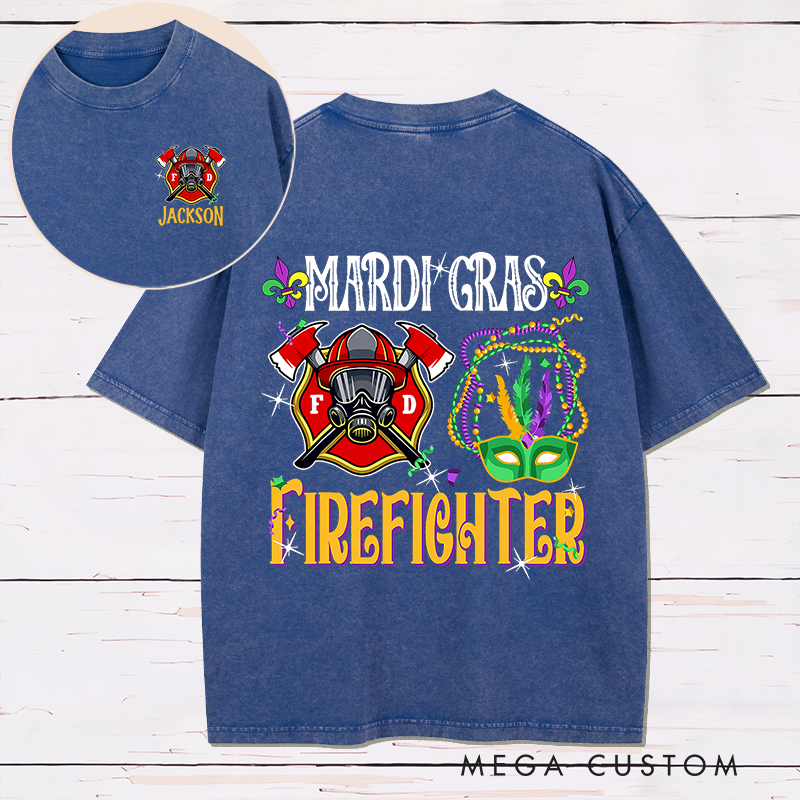 Personalized Firefighter Washed T-Shirt Mardi Gras Firefighter Design Festive Gift for Firefighters