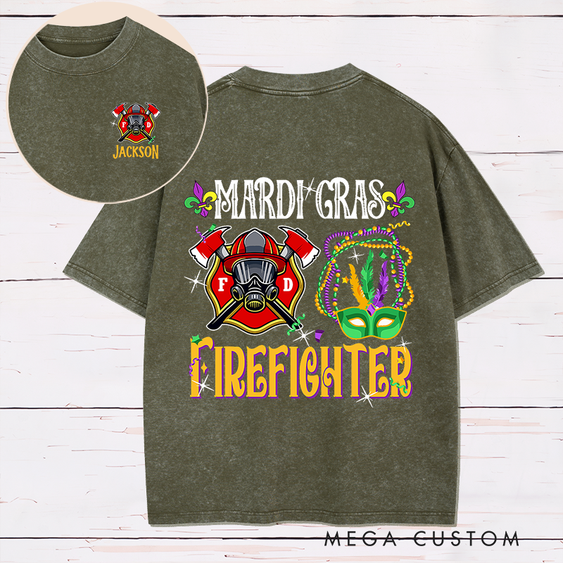 Personalized Firefighter Washed T-Shirt Mardi Gras Firefighter Design Festive Gift for Firefighters