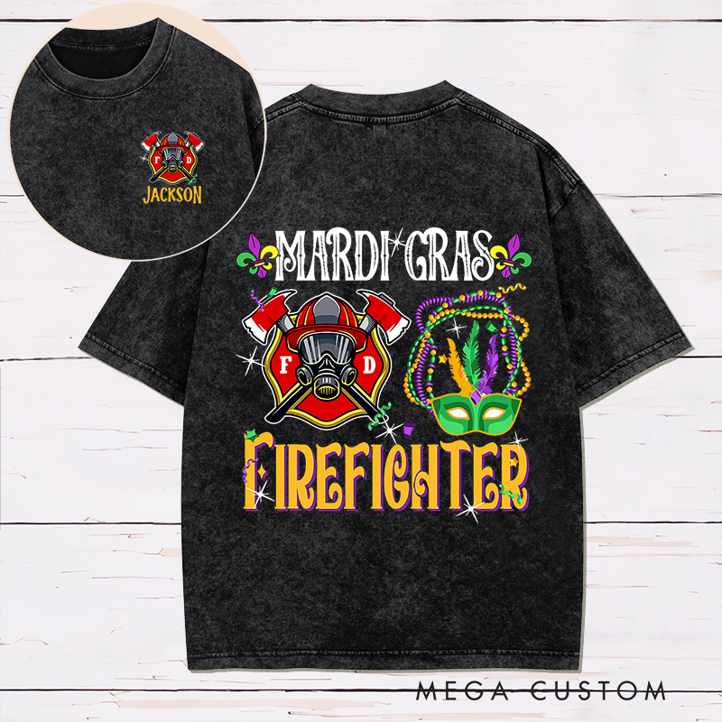 Personalized Firefighter Washed T-Shirt Mardi Gras Firefighter Design Festive Gift for Firefighters