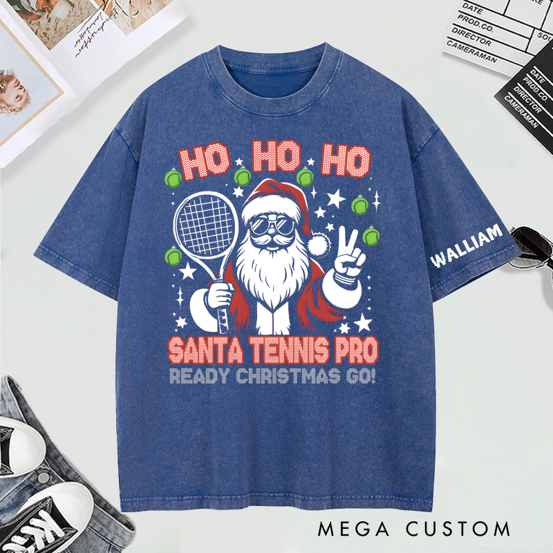 Personalized "Santa Tennis Pro" Christmas Washed T-Shirt with Custom Name