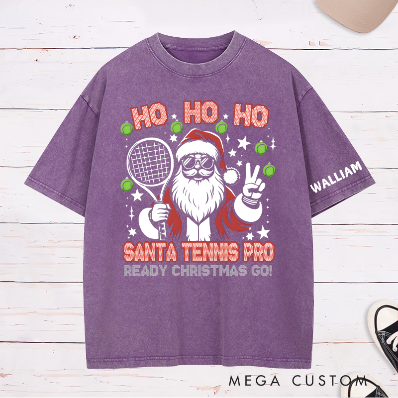 Personalized "Santa Tennis Pro" Christmas Washed T-Shirt with Custom Name