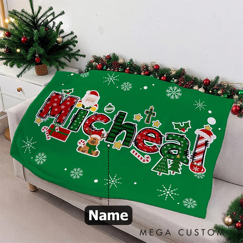 Personalized Cross Christmas Reindeer Santa Claus Christmas Name Soft Throw Blanket Home Decor Religious Christmas Party Gift for Kids Family Friends