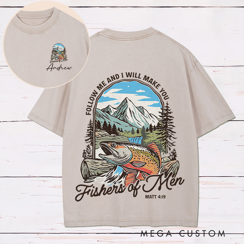 Personalized Fishers of Men Washed T-Shirt Retro Shirt with Name Bible Verse Shirt Religious Gift for Christians