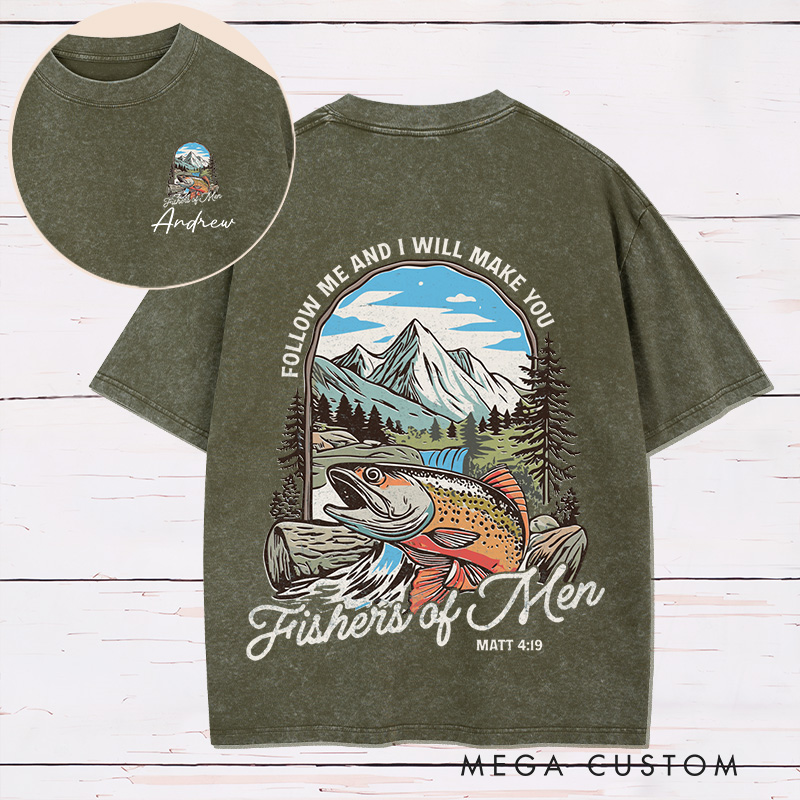 Personalized Fishers of Men Washed T-Shirt Retro Shirt with Name Bible Verse Shirt Religious Gift for Christians