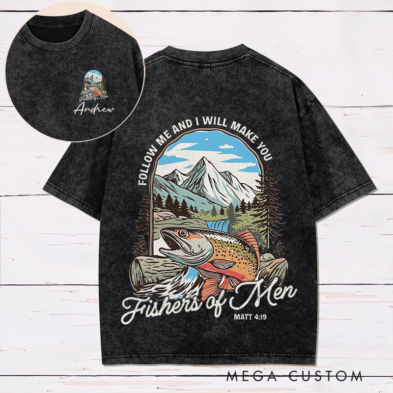 Personalized Fishers of Men Washed T-Shirt Retro Shirt with Name Bible Verse Shirt Religious Gift for Christians