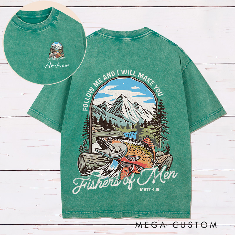 Personalized Fishers of Men Washed T-Shirt Retro Shirt with Name Bible Verse Shirt Religious Gift for Christians