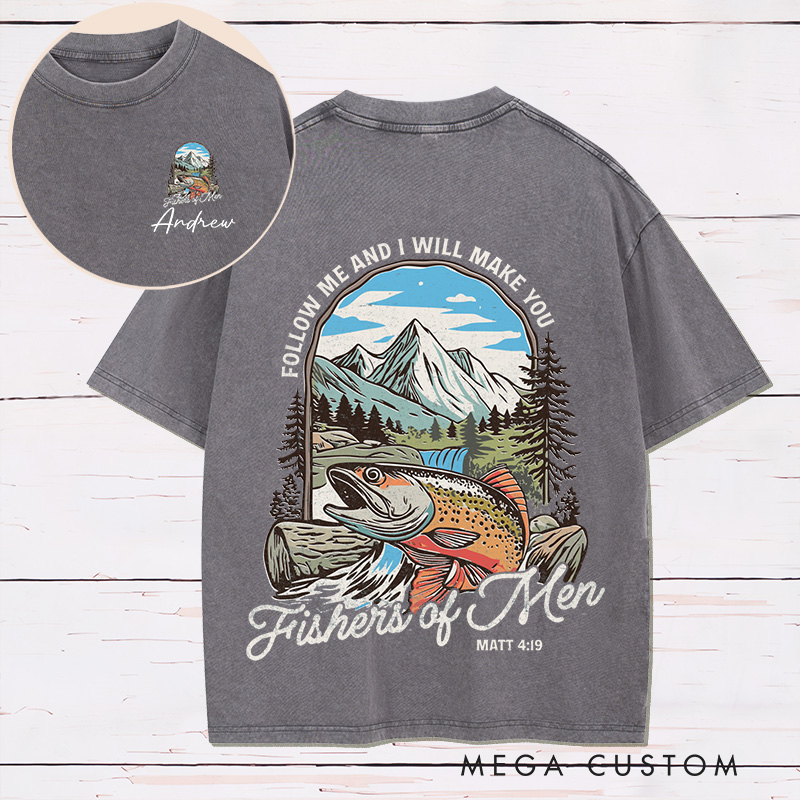 Personalized Fishers of Men Washed T-Shirt Retro Shirt with Name Bible Verse Shirt Religious Gift for Christians