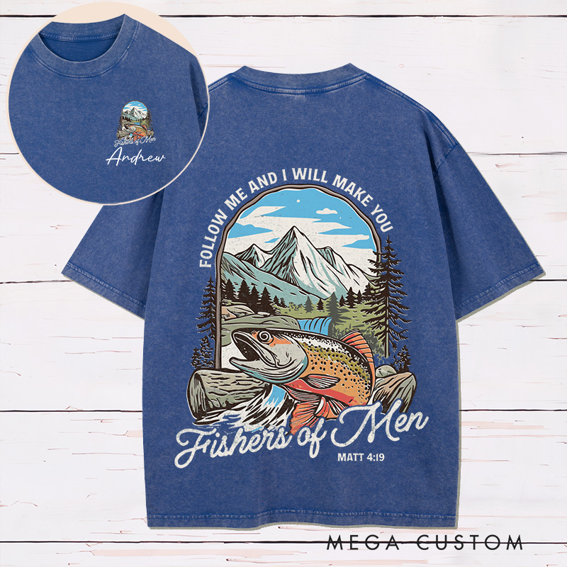 Personalized Fishers of Men Washed T-Shirt Retro Shirt with Name Bible Verse Shirt Religious Gift for Christians