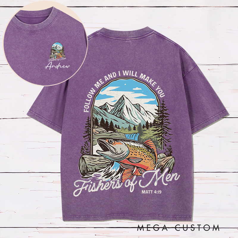 Personalized Fishers of Men Washed T-Shirt Retro Shirt with Name Bible Verse Shirt Religious Gift for Christians