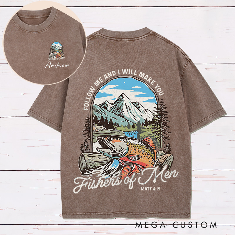 Personalized Fishers of Men Washed T-Shirt Retro Shirt with Name Bible Verse Shirt Religious Gift for Christians